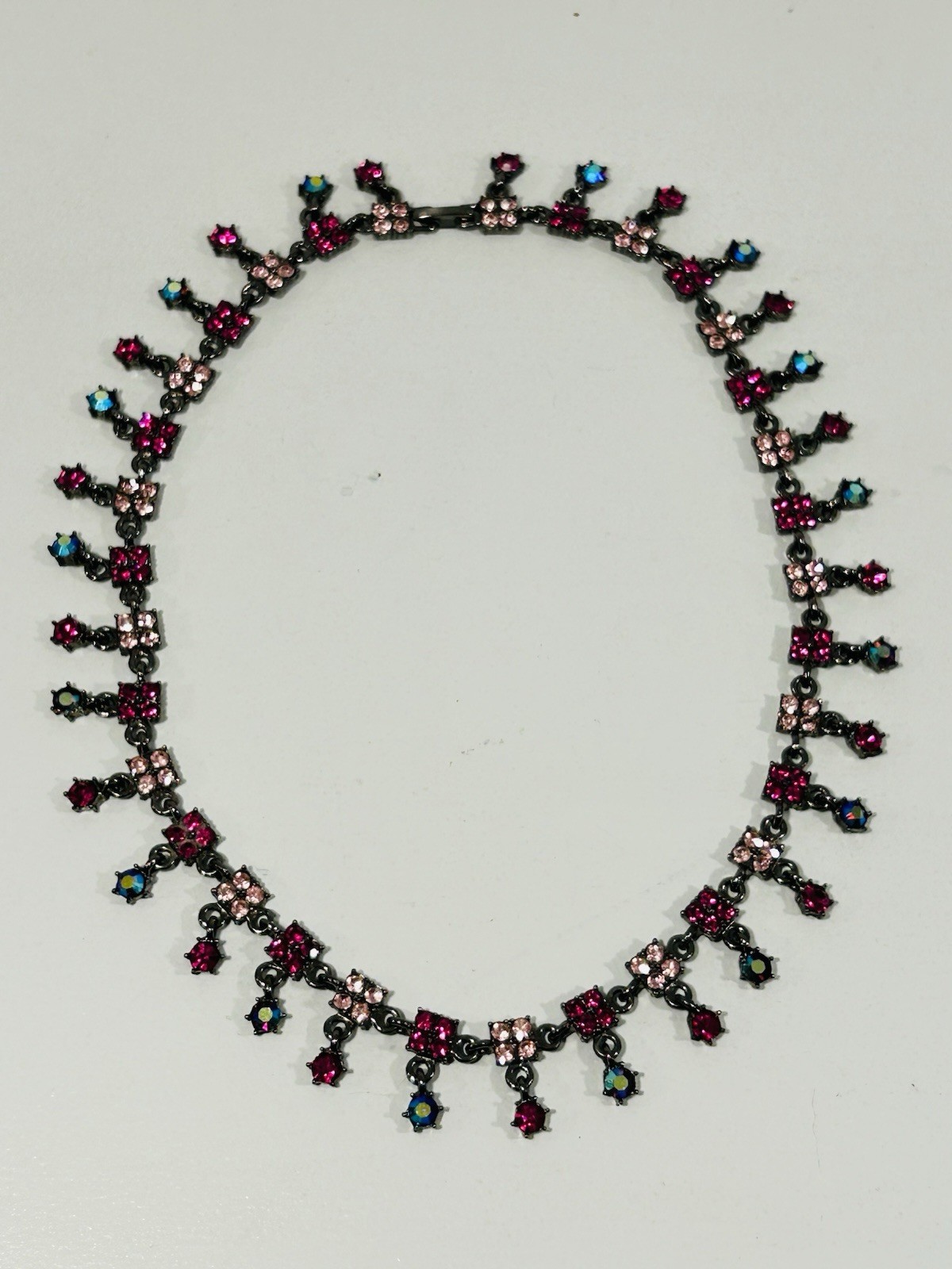 Gunmetal Rhinestone Statement Necklace Pink Fuchsia Fringe Vintage Style