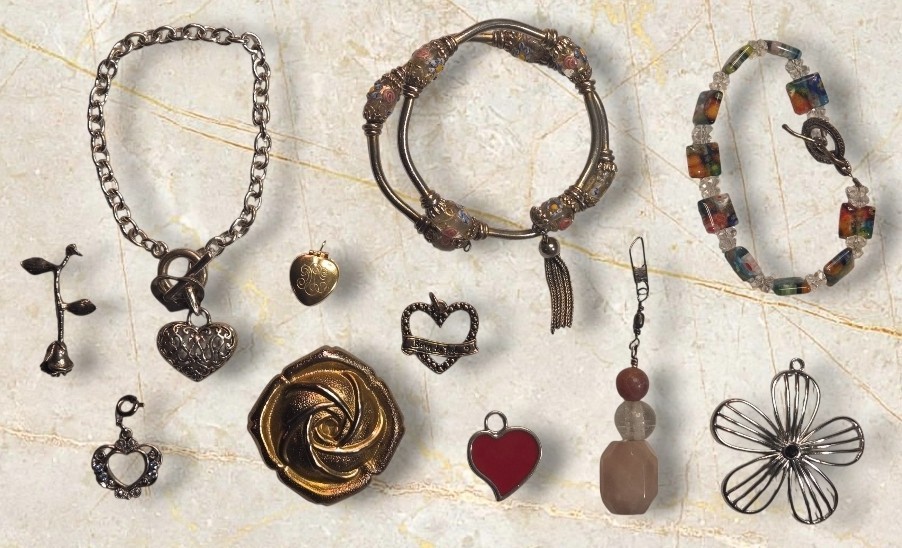 SWEETHEART LOT! 36-Pc Vintage Jewelry Heart Sterl Rings Trinket Dish Signed Avon