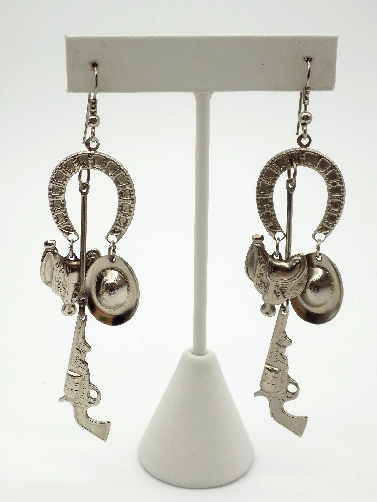 Vintage Silver Tone South Western Cowboy Dangle Charm Earrings Pierced