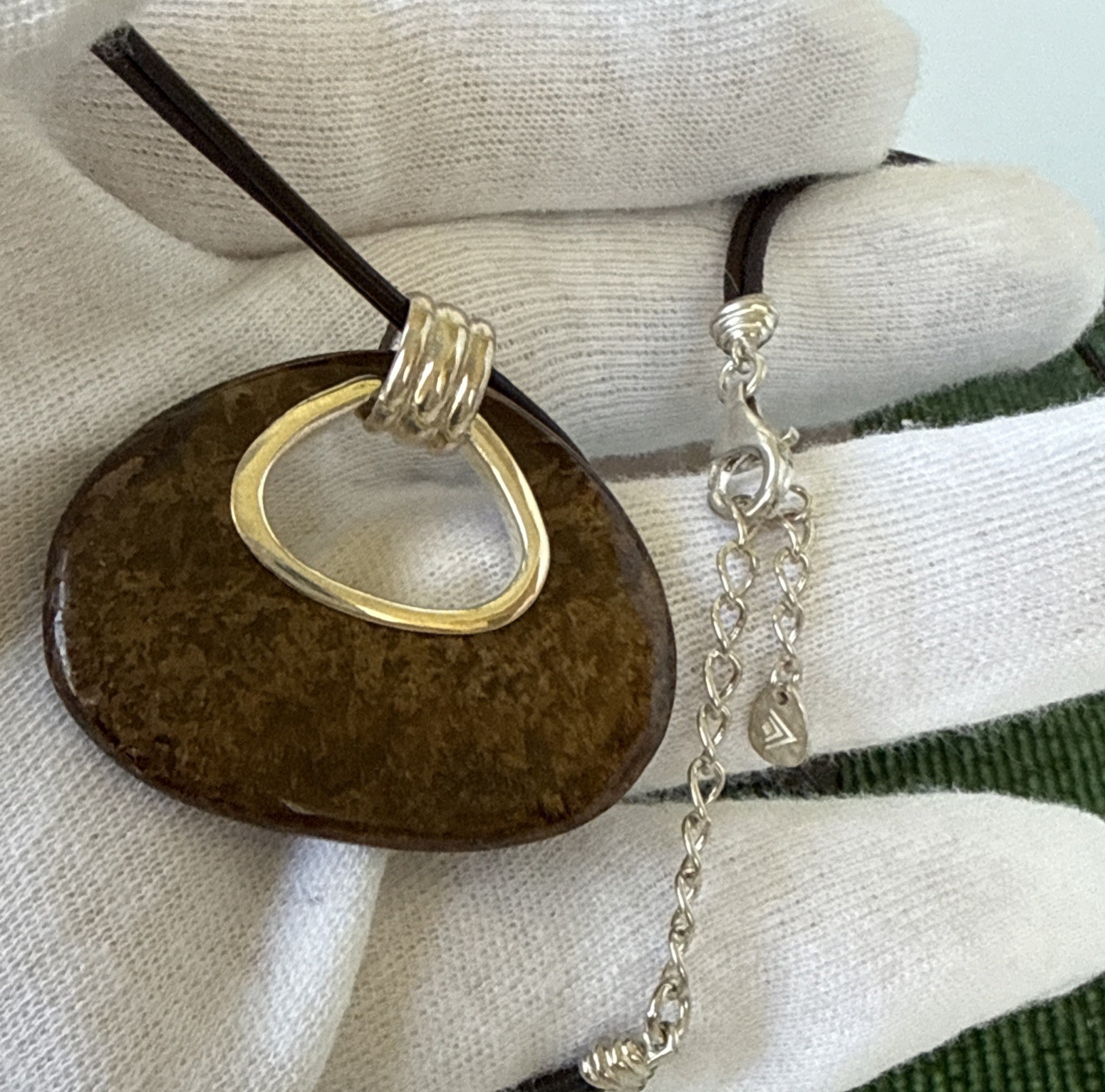 SILPADA Sterling Silver Leather Cord Necklace w/ Big Brown Stone Pendant-20”