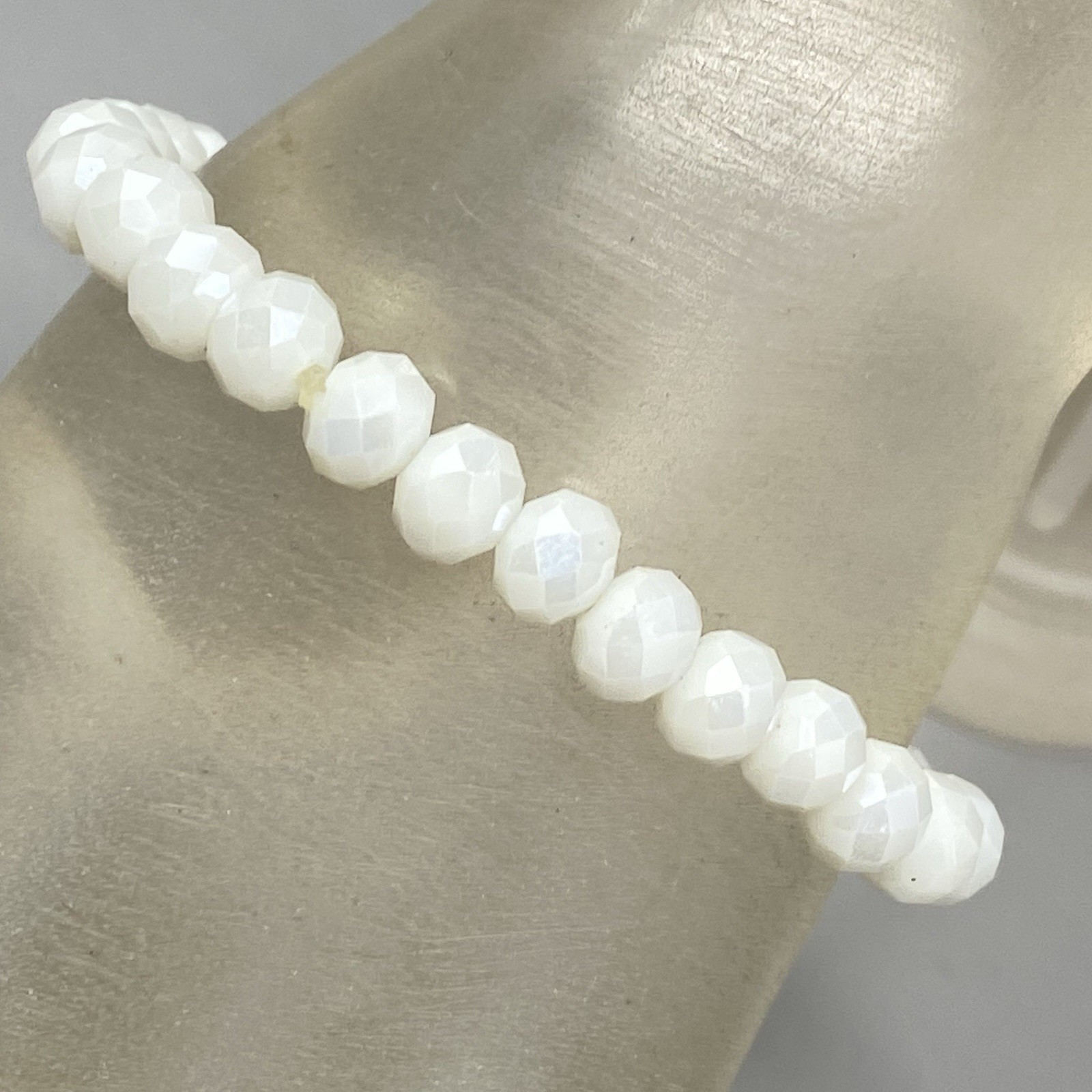 White Glass Beaded Bracelet Faceted Fire Polished Simple Stretch Elastic 6.5″