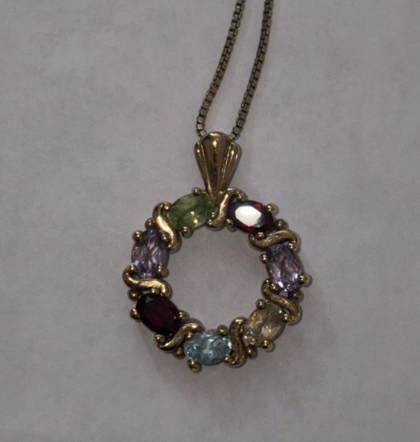 Gold Tone Sterling DBJ Multi-Gemstone Pendant Necklace Italy 17″ Long 925 Chain