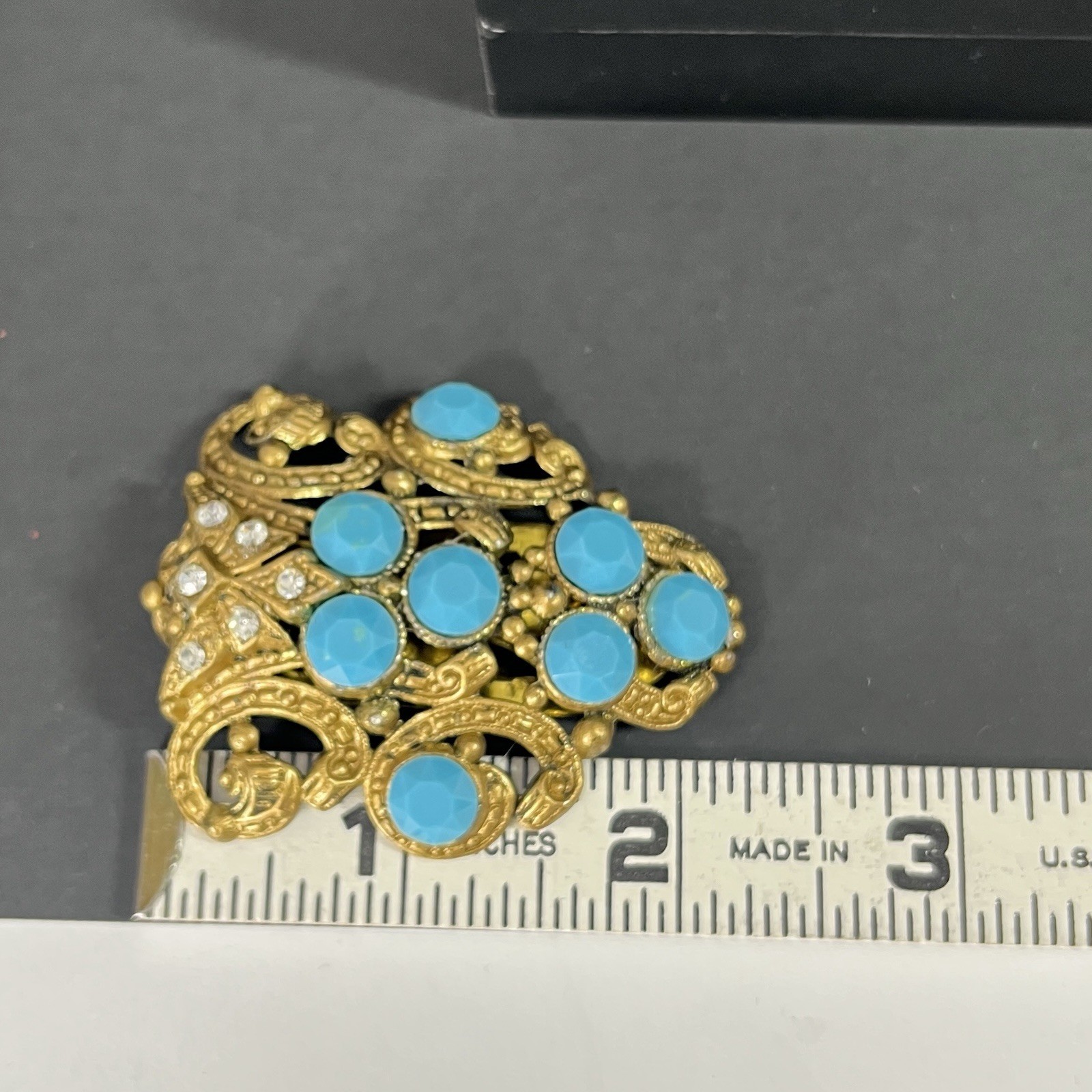 New England Glass Works Dress Clip Turquoise Rhinestone Gold NE Antique Vtg