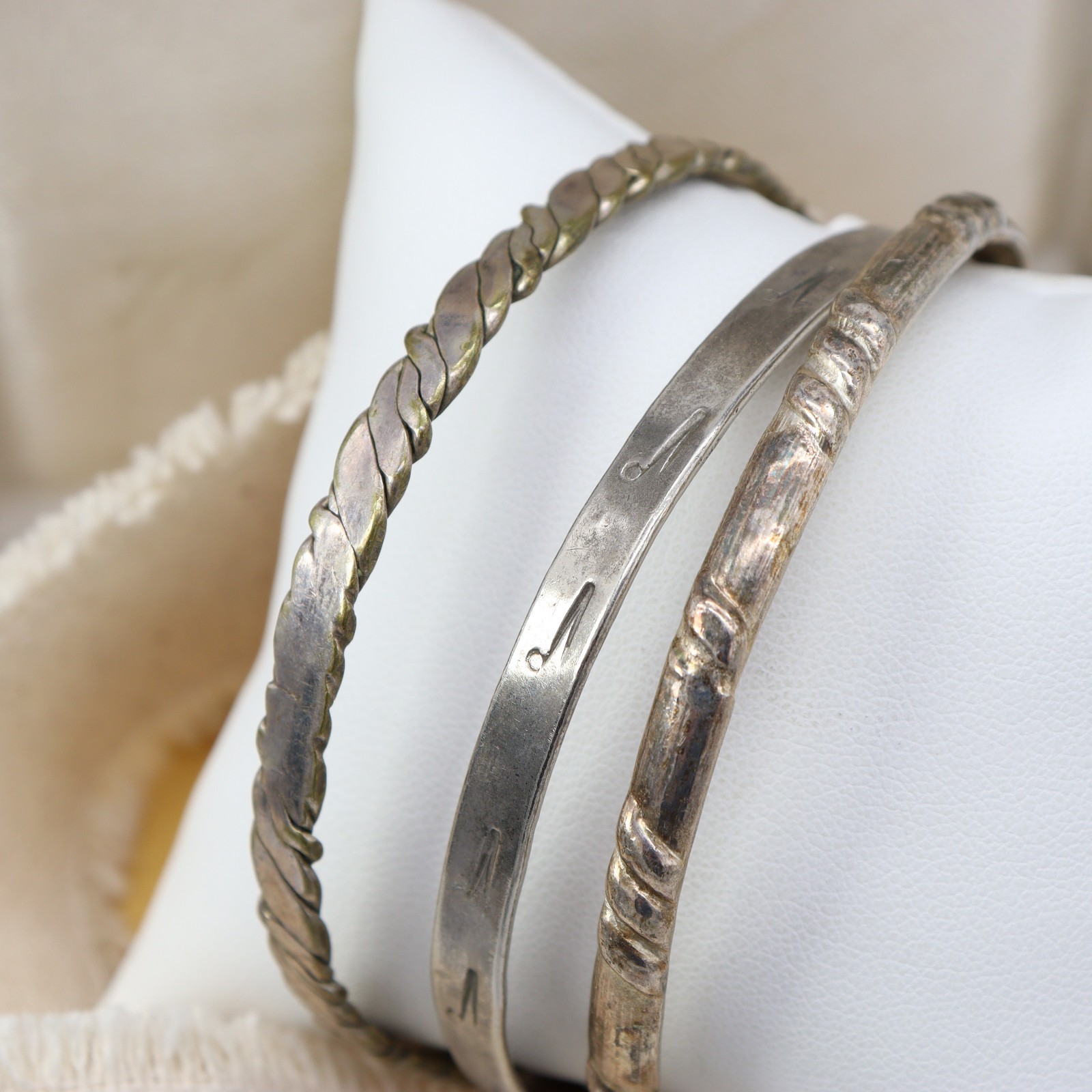 Vtg Taxco Alpaca Mexico Bracelet LOT 3 Silver Rope Bangle Aztec Twist Signed