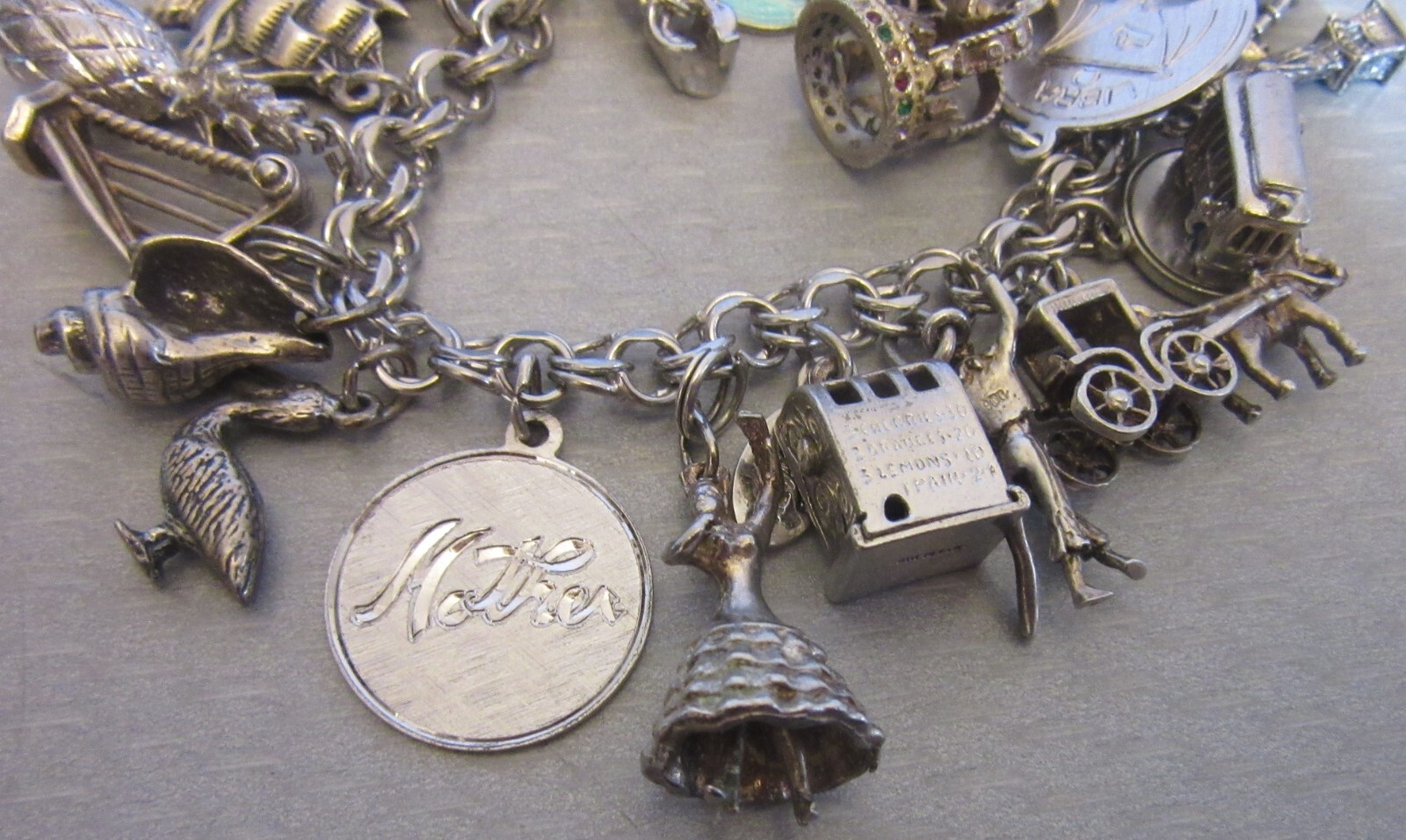Vintage Sterling Silver Charm Bracelet Loaded 24P Buildings Travel 3D Full 92g