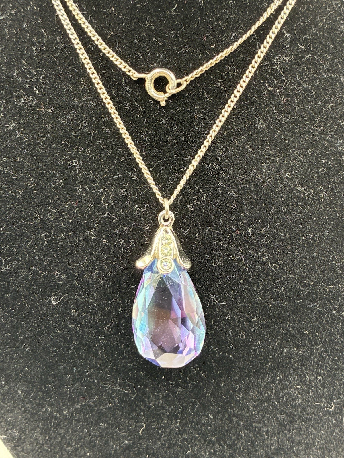 Vintage Purple/Blue Faceted Pear-Shape, CZ Bail Crystal Pendant On 925 18” Chain