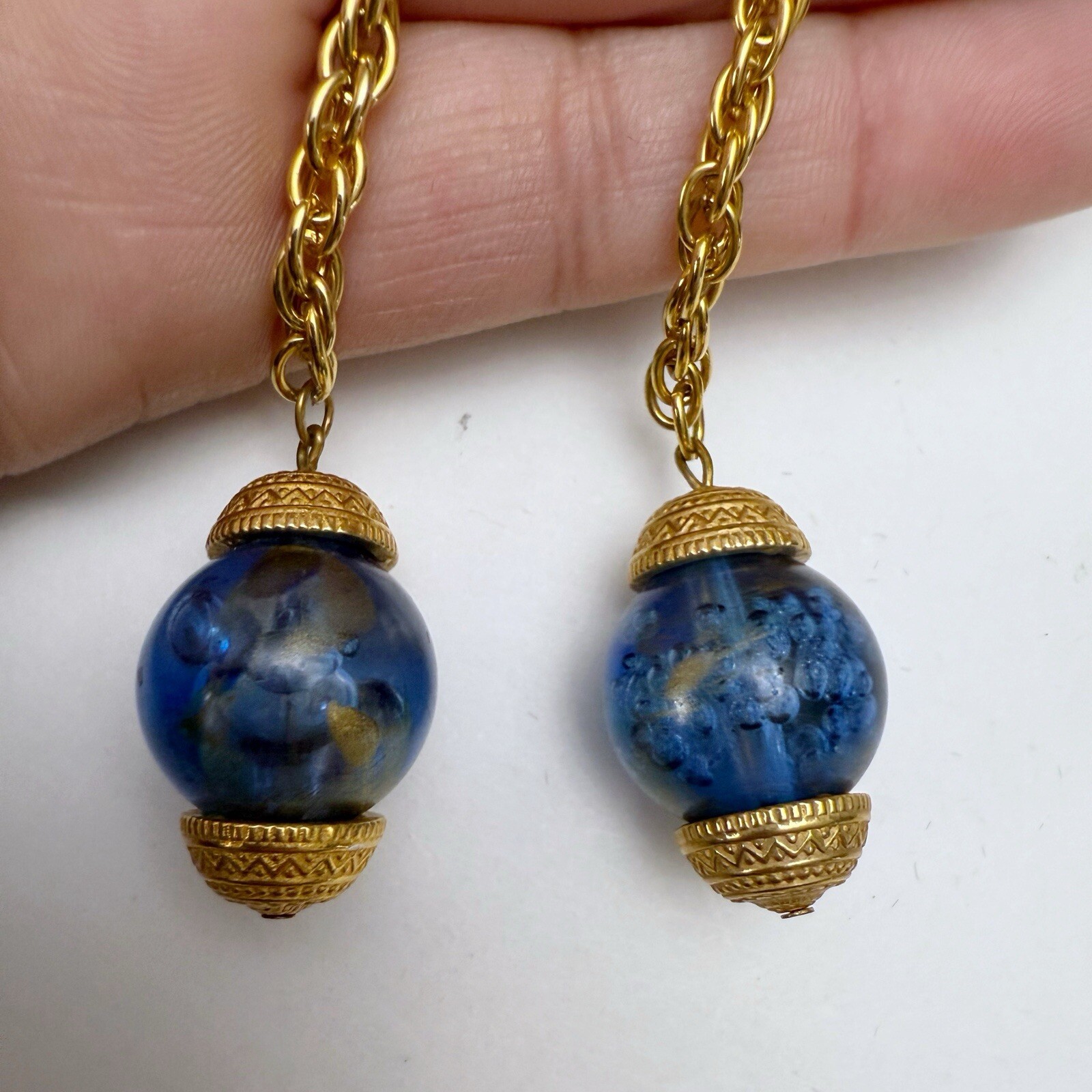 Vintage Blue Lucite Cabochon Bead Long Chain Dangle Linear Goldtone Earrings