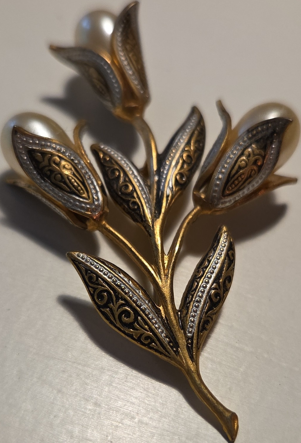 Vintage Gold & Silver Tone Flower Brooch Pin with White Imitation Pearl