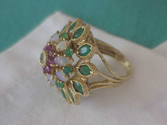 VINTAGE EUROPEAN DIAMOND-EMERALD-RUBY & OPAL STARBRUST RING SZ 5 1/2 RARE FIND