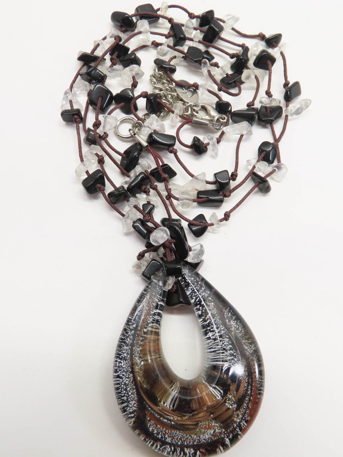 Signed Cg Art Glass Pendant Necklace Semi Precious Gemstones D2395