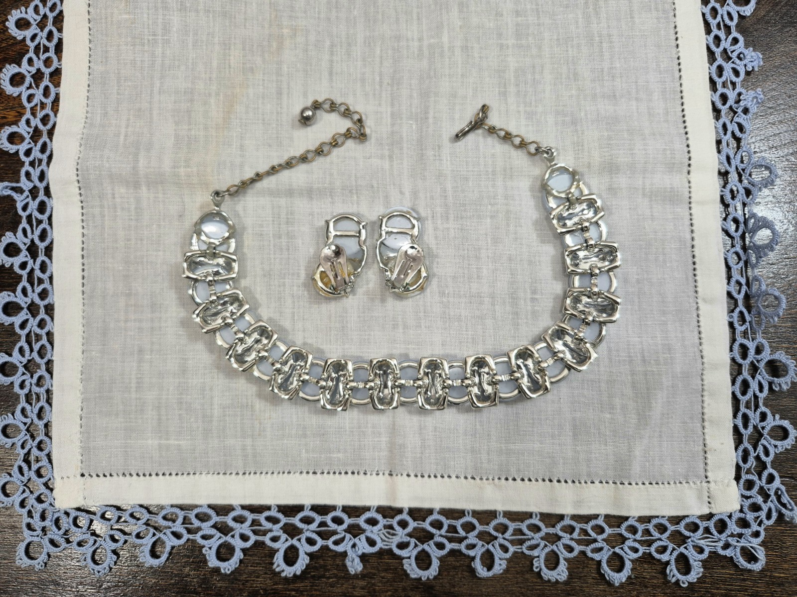 Vintage Coro Thermoset Lucite Moon Glow Choker Necklace & Clip Earrings Set 1950
