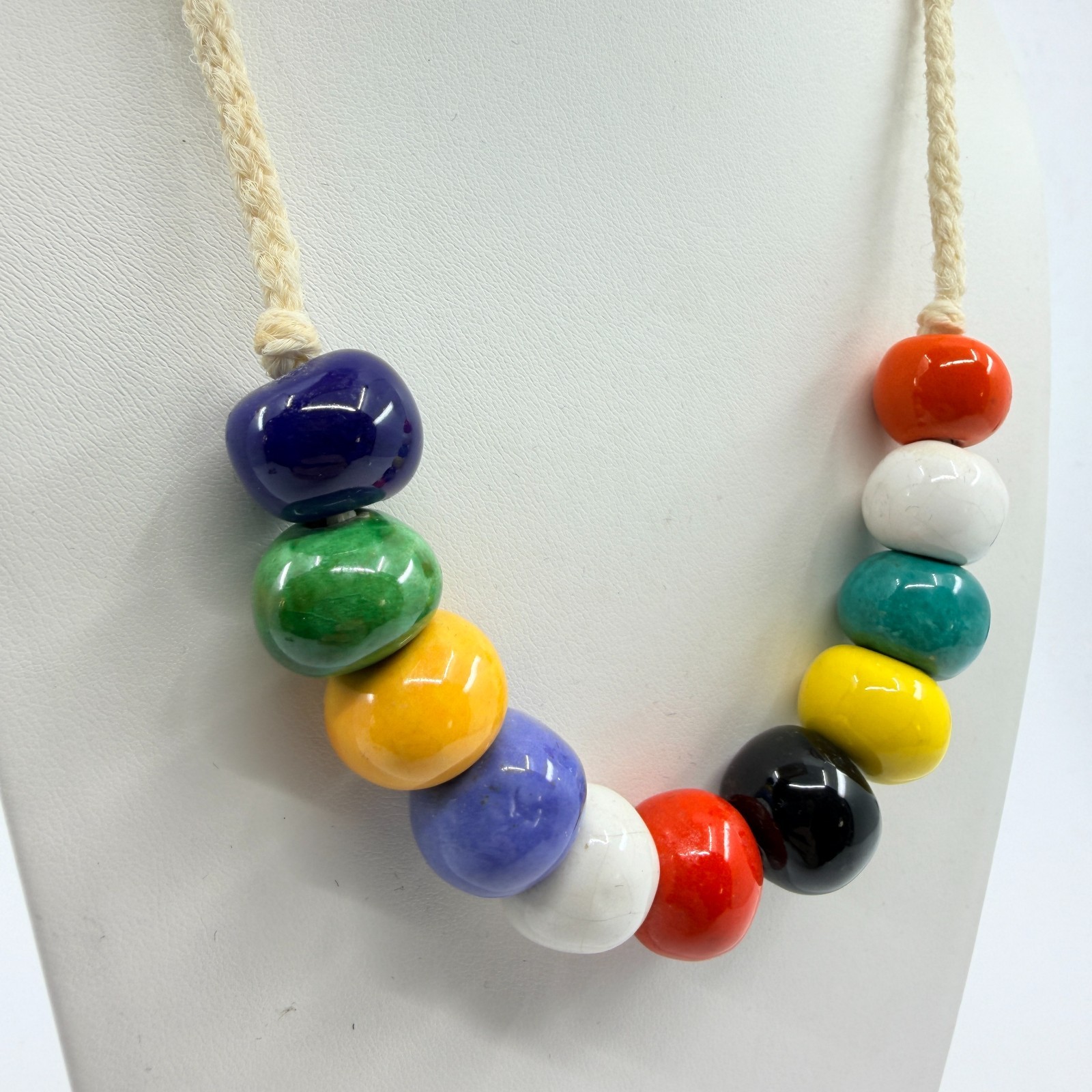 Vintage Retro Rainbow Ceramic Chunky Bead Cotton Cord Statement Necklace Craft