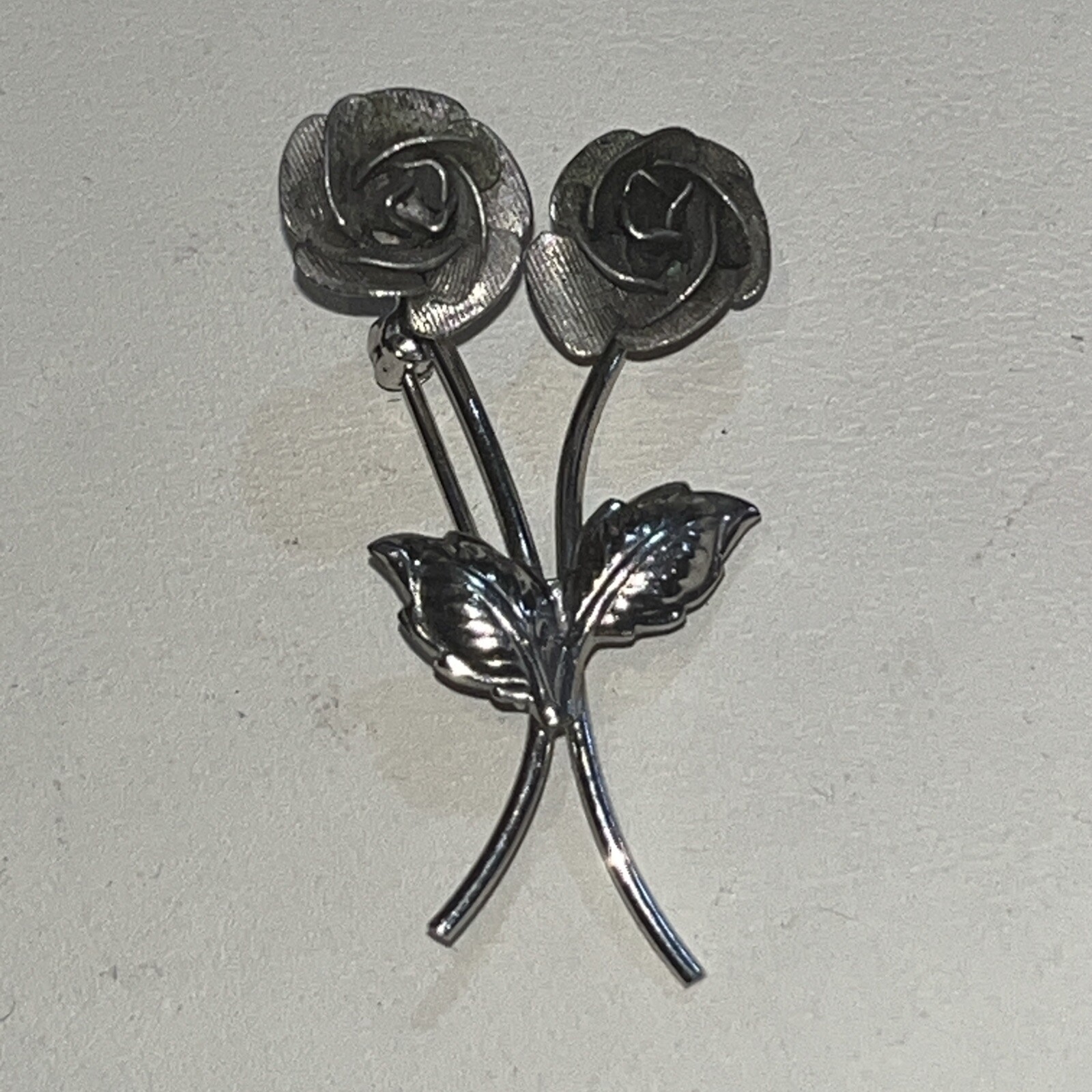 Sterling Silver Double Rose Flower Brooch Pin 1.5 Signed AC