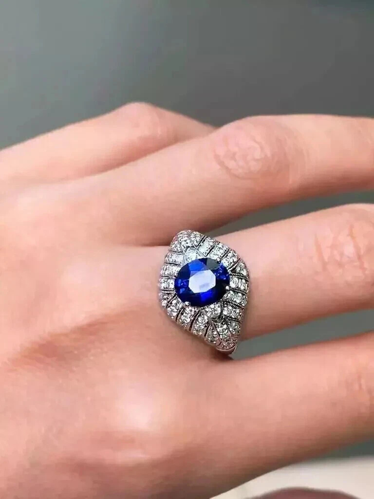 Art Deco Style Lab Created Sapphire Diamond 14k White Gold Finish Wedding Ring