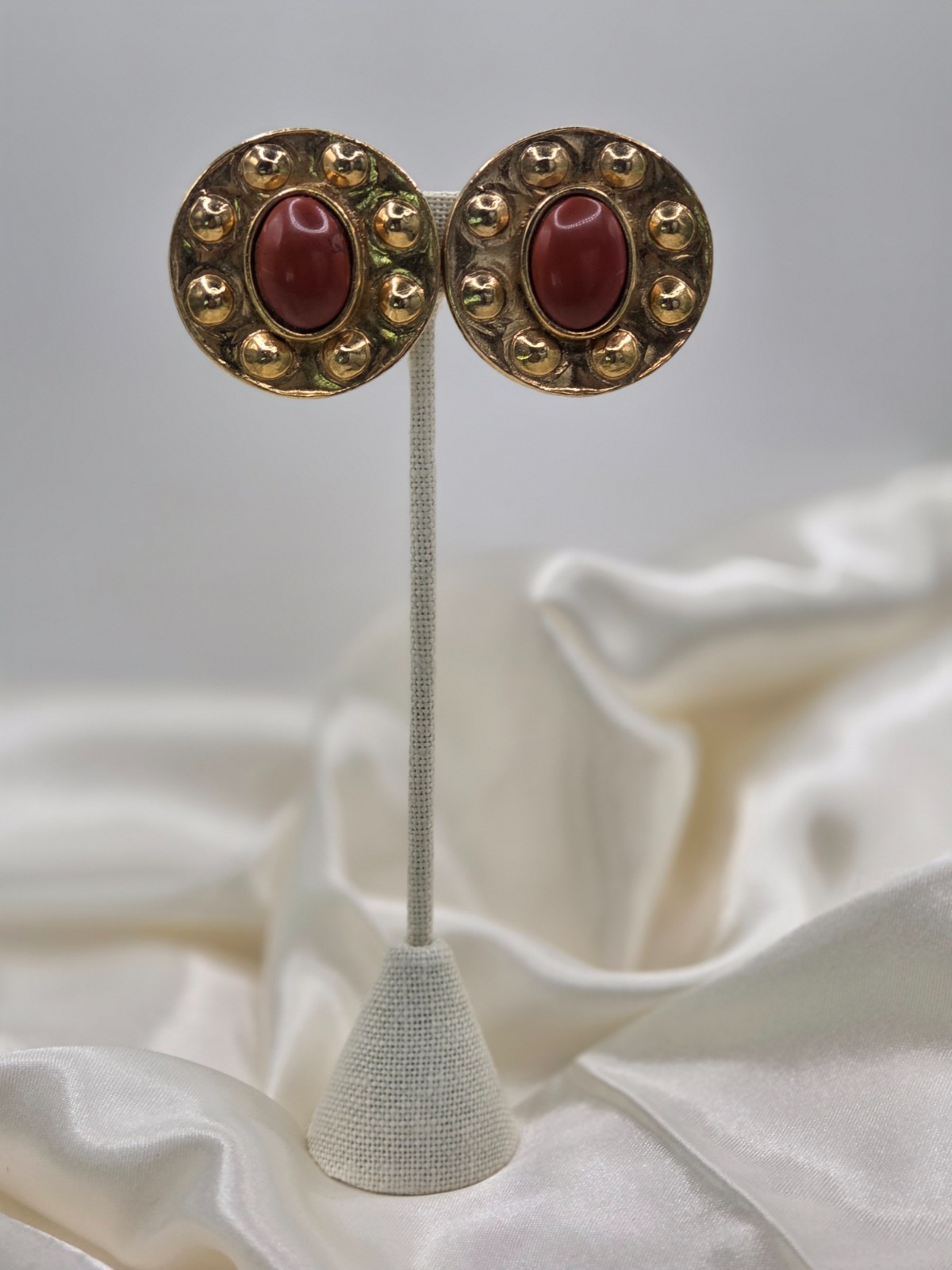 Vintage Dauplaise Round Gold Tone Clip Earrings with Brown Cabochon