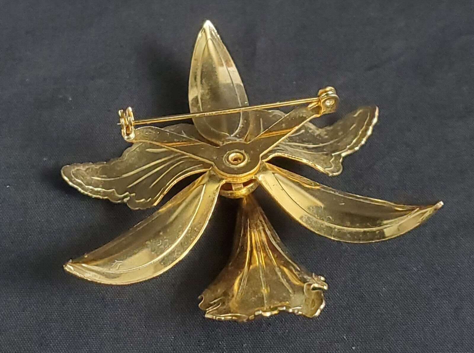 Flower Orchid White Purple Enamel Vintage Gold Brooch Statement Pin Large