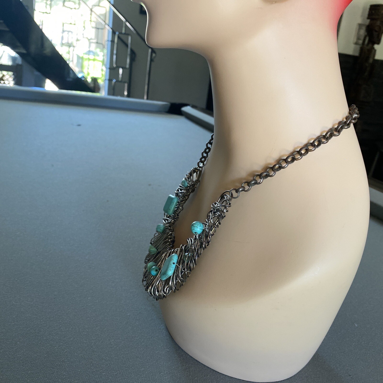 Stone Beads Wire Choker Necklace OOAK Brutalist LARP Cosplay Costume Jewelry 25”