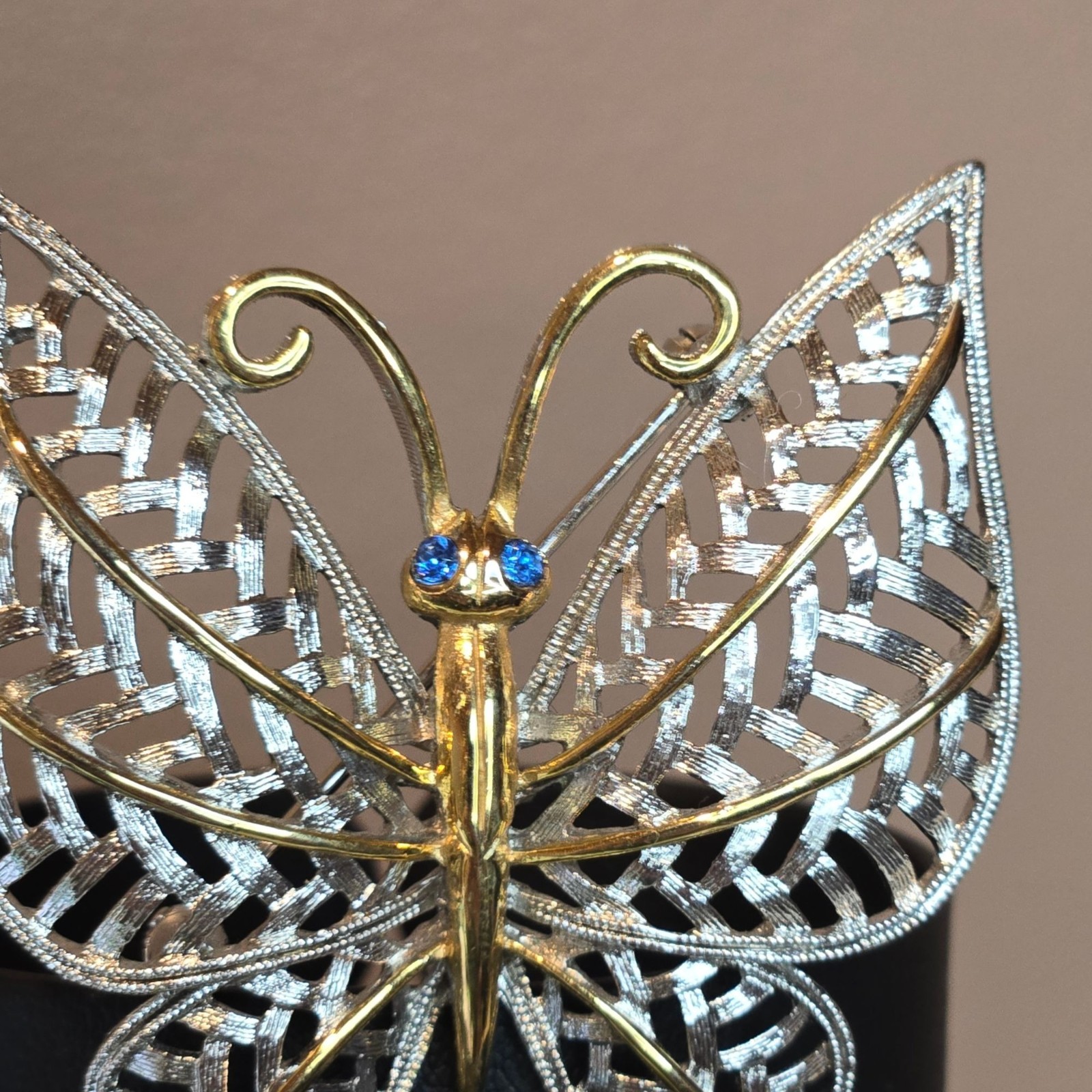 Vintage Avon Butterfly Brooch Silver Gold Tone Filigree Blue crystal Rhinestones