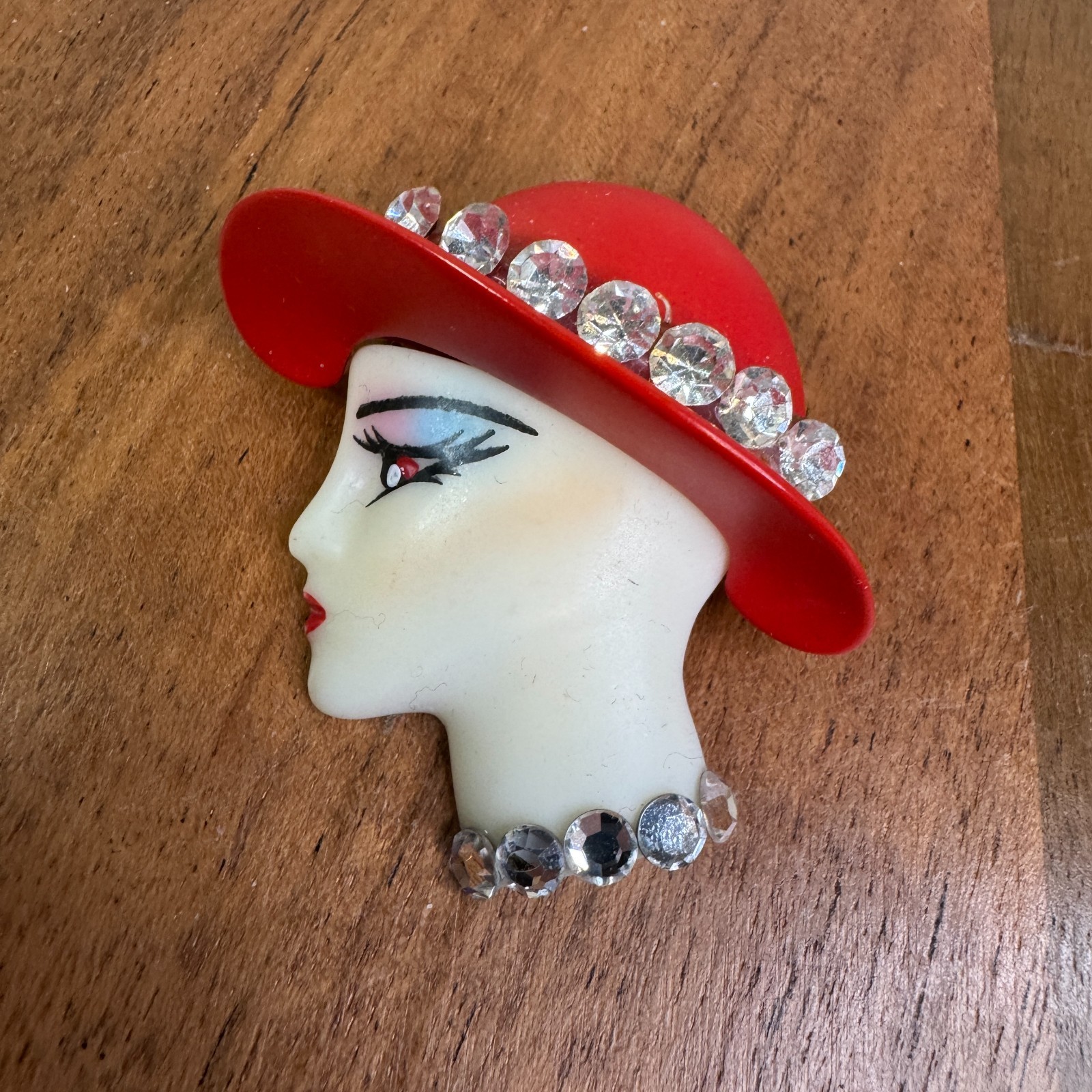 Vintage Red Hat Society Lady Face Brooch Lucite Rhinestone Pin Mid Century Glam