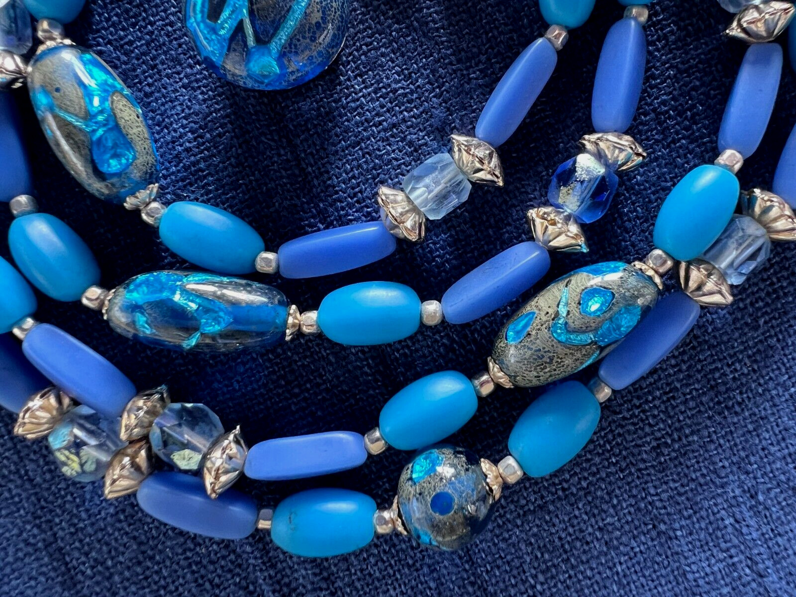 Murano Glass Beaded 2 Strand Necklace 22 Inches Long Blue