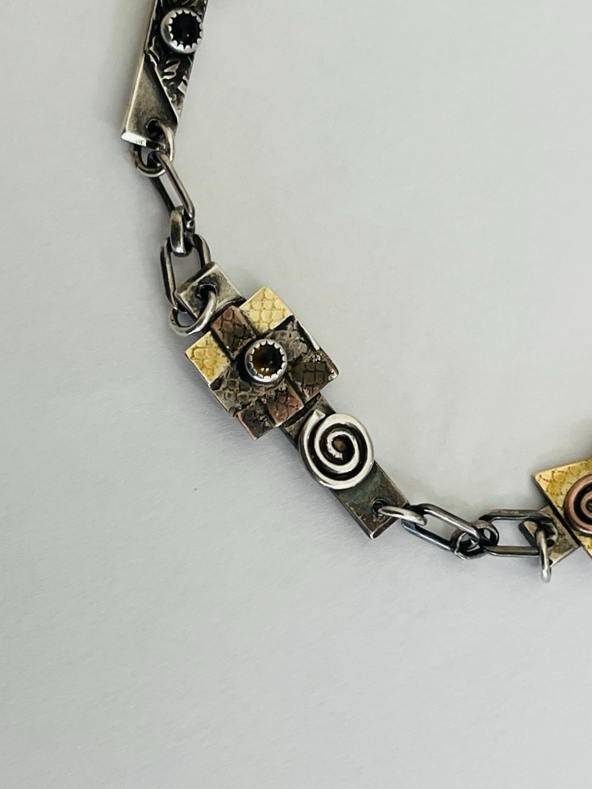 Vintage Signed MA Modernist Mixed Metal Sterling Silver Stone Link Bracelet