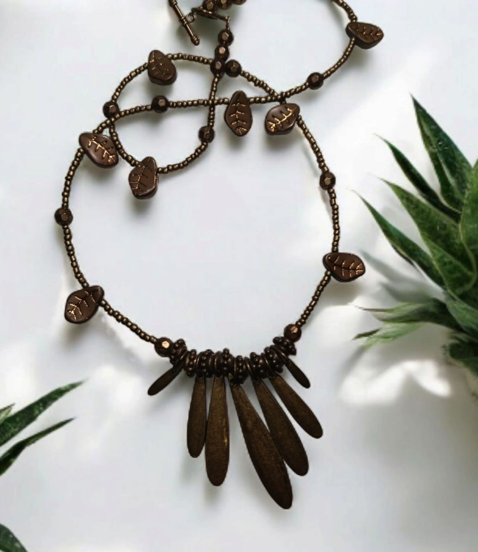 Brass Toggle Closure Necklace With Leaves On It