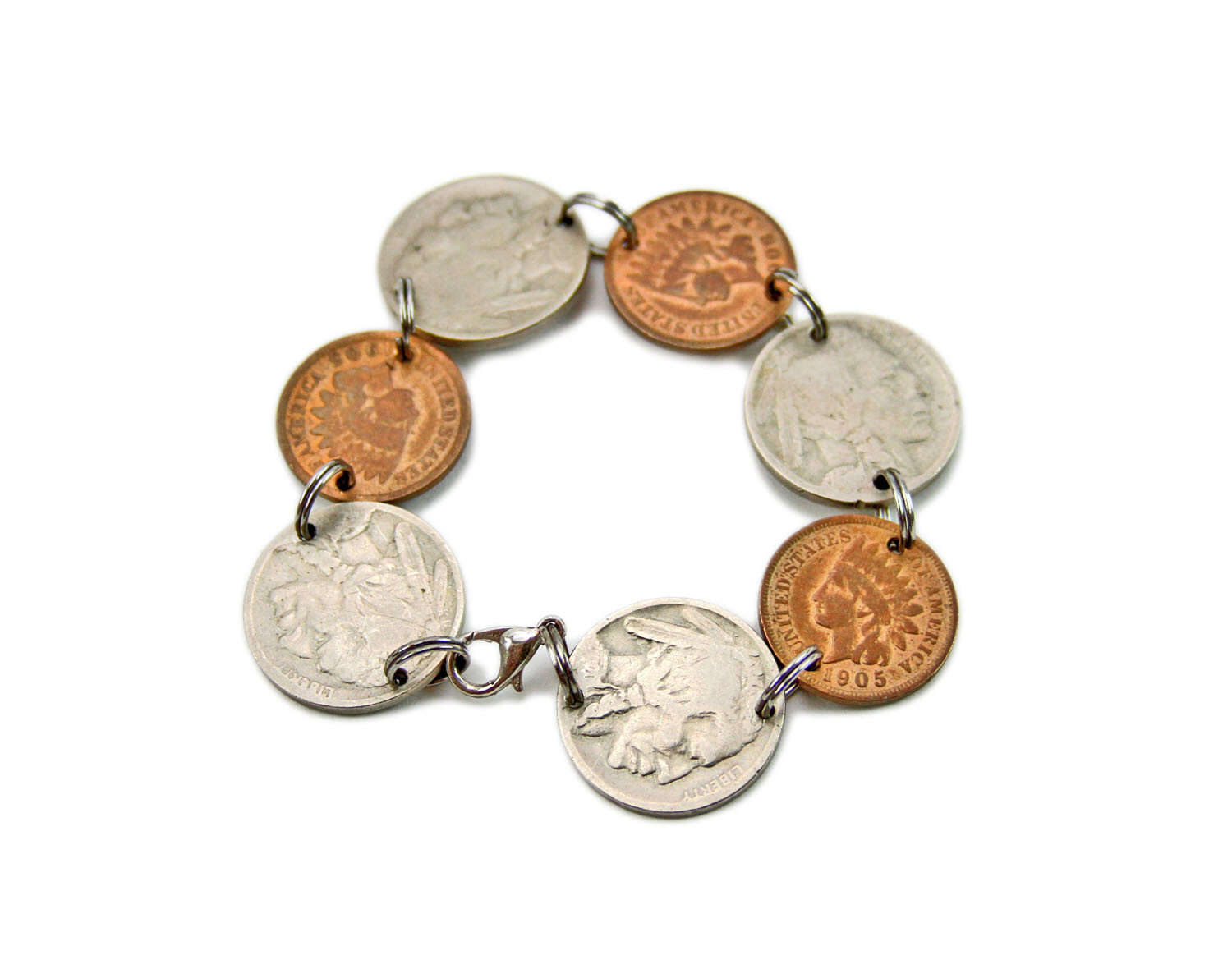 Vintage Antique 6.5″ Indian Head Penny, Buffalo Nickel Coin Jewelry Bracelet