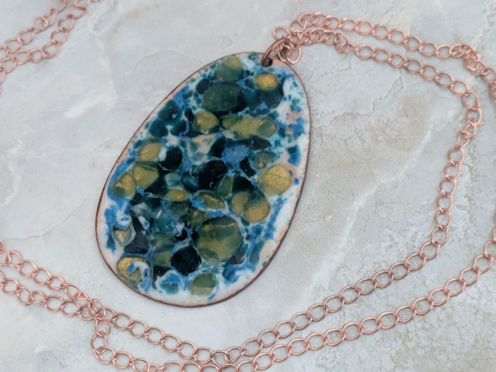 Vintage Enamel on Copper Turquoise Pendant Necklace, Mid Century Modern, 2.5″