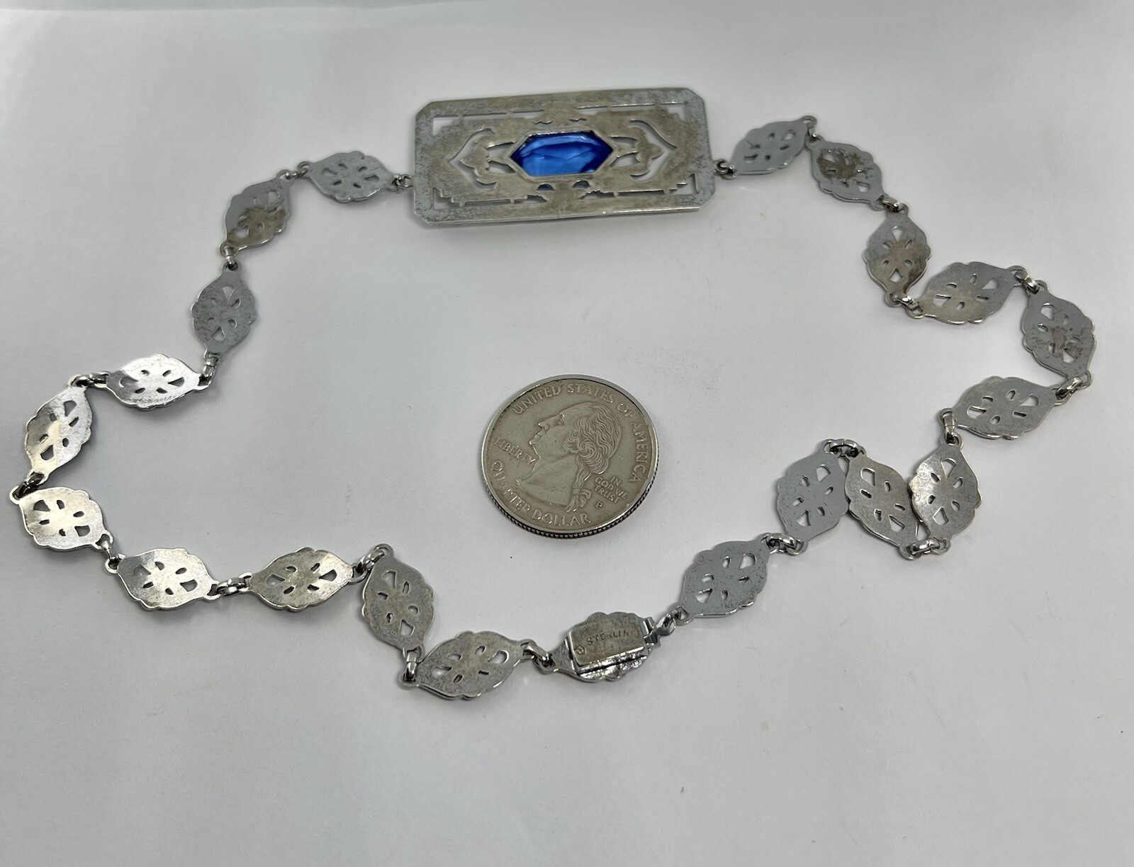 Antique Art Deco Blue Lozenge Shape Plaque Rhodium Plated Sterling Necklace