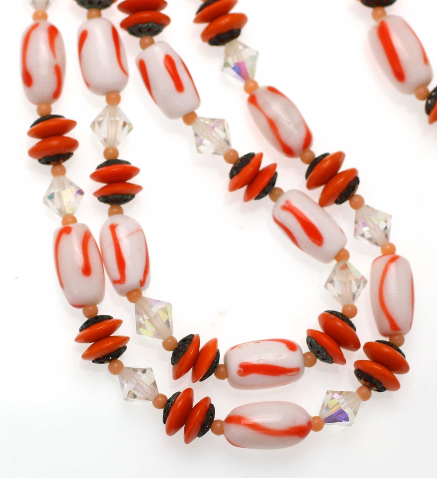 1950s Vintage Layered Necklace Orange White Stripe Glass Beads Crystal Halloween