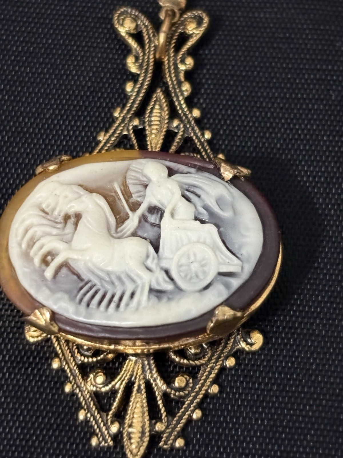 victorian Revival Cameo Pendant Necklace Gold Tone equestrian Horse Chariot 19”