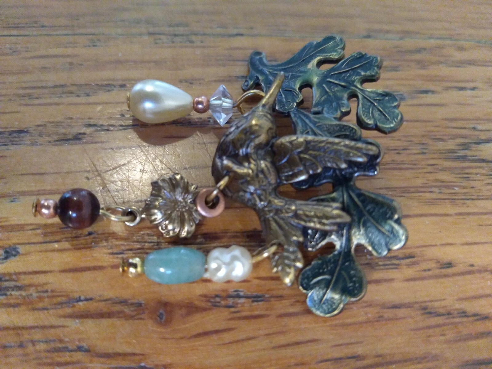 Vintage Hummingbird Brooch Brass Tigers eye Pearl Jade Dangles