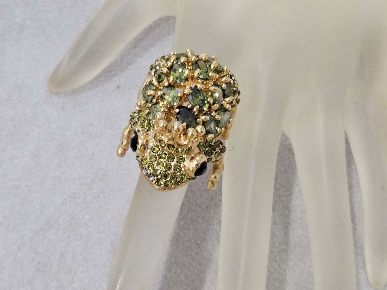 Real Collectibles By Adrienne Whimsical gold tone green crystal frog Signed PJM.