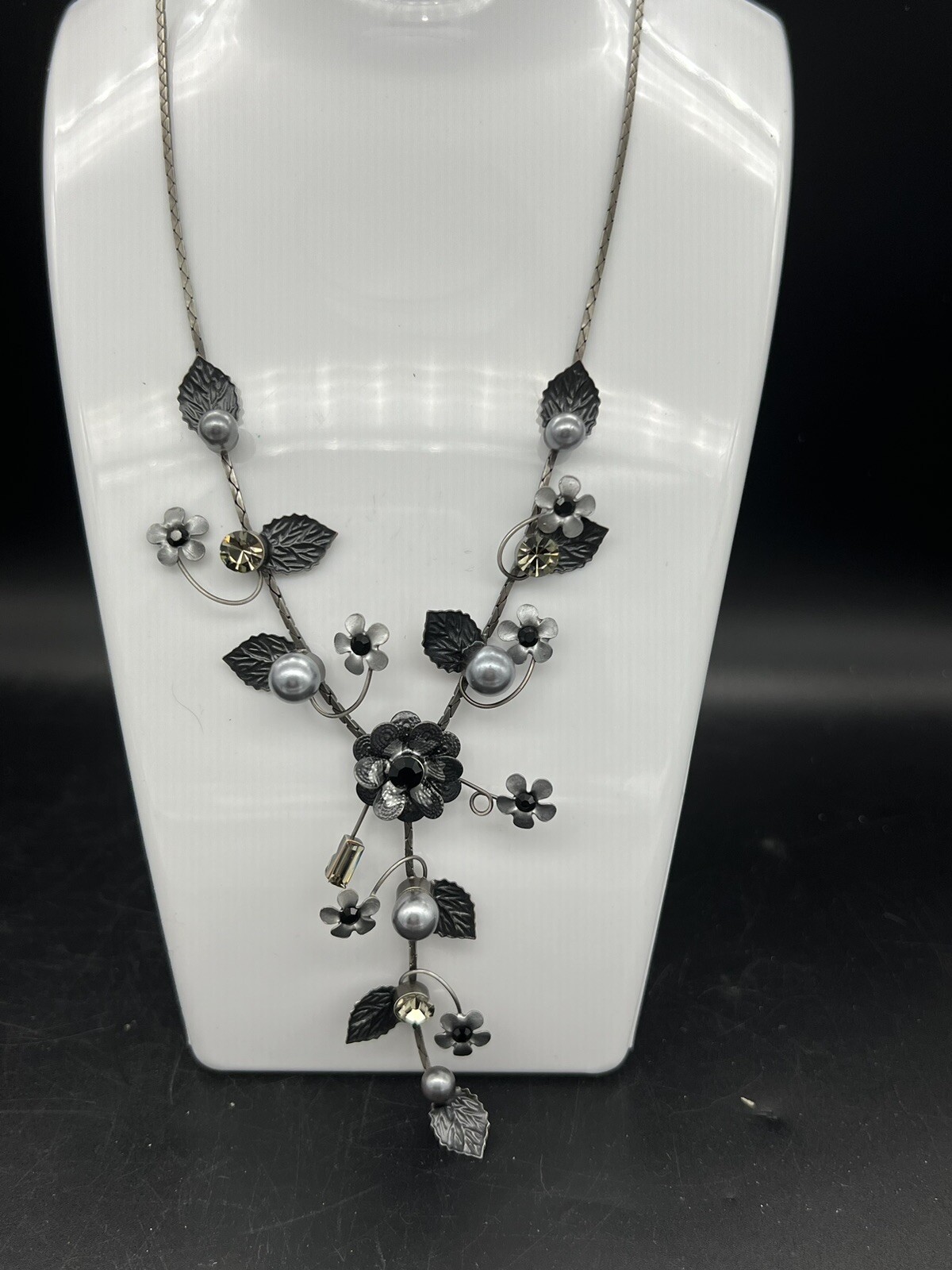 Vintage Sterling Silver, Faux Gray Pearl And Crystal Necklace, Black Flowers
