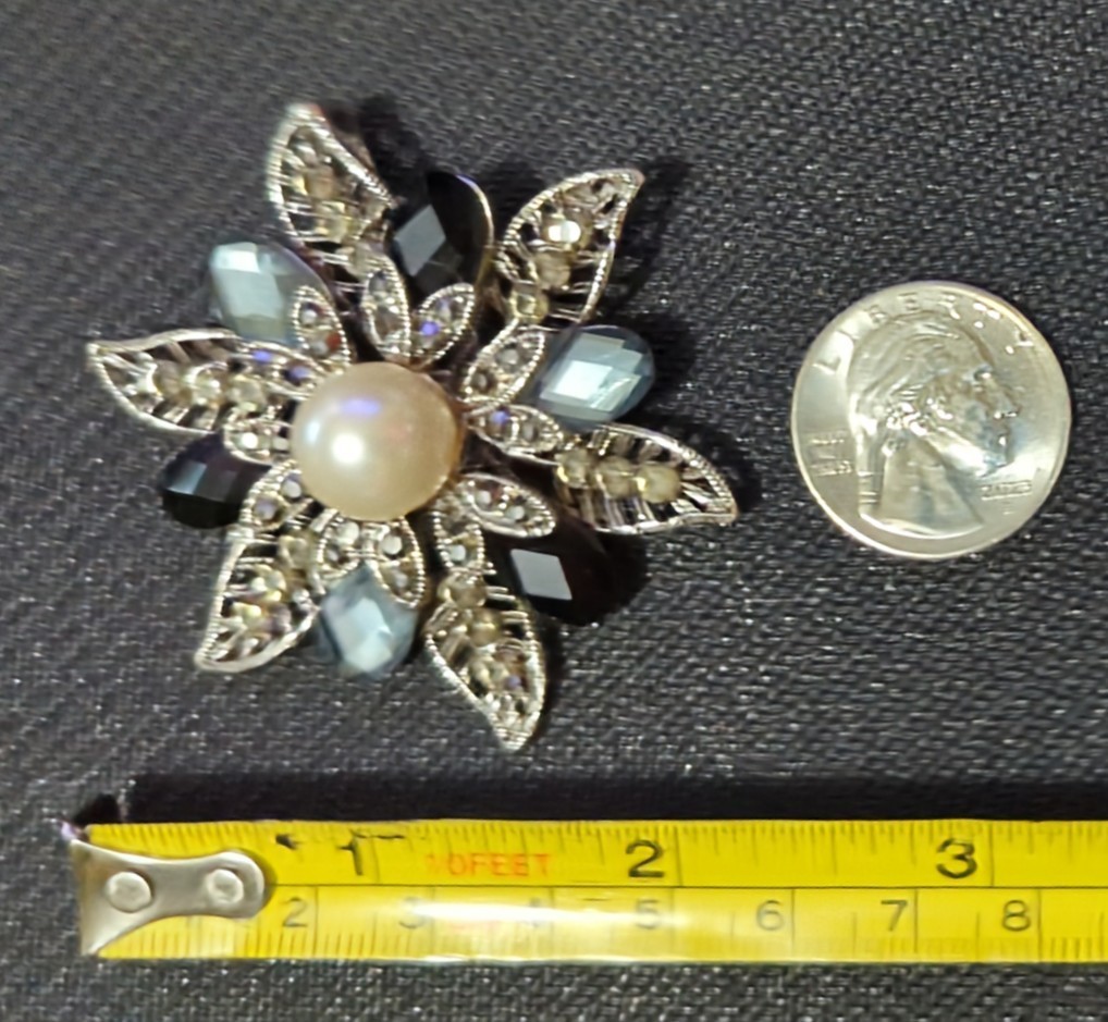 Black and Gray Glass Flower Brooch Pendant Faux Pearl Vintage Jewelry