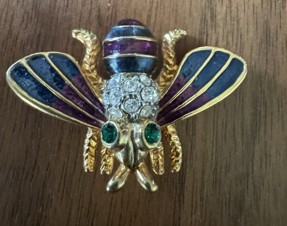 VTG Bee Brooch Gold Tone Enamel Rhinestone Insect Pin Cottagecore Garden