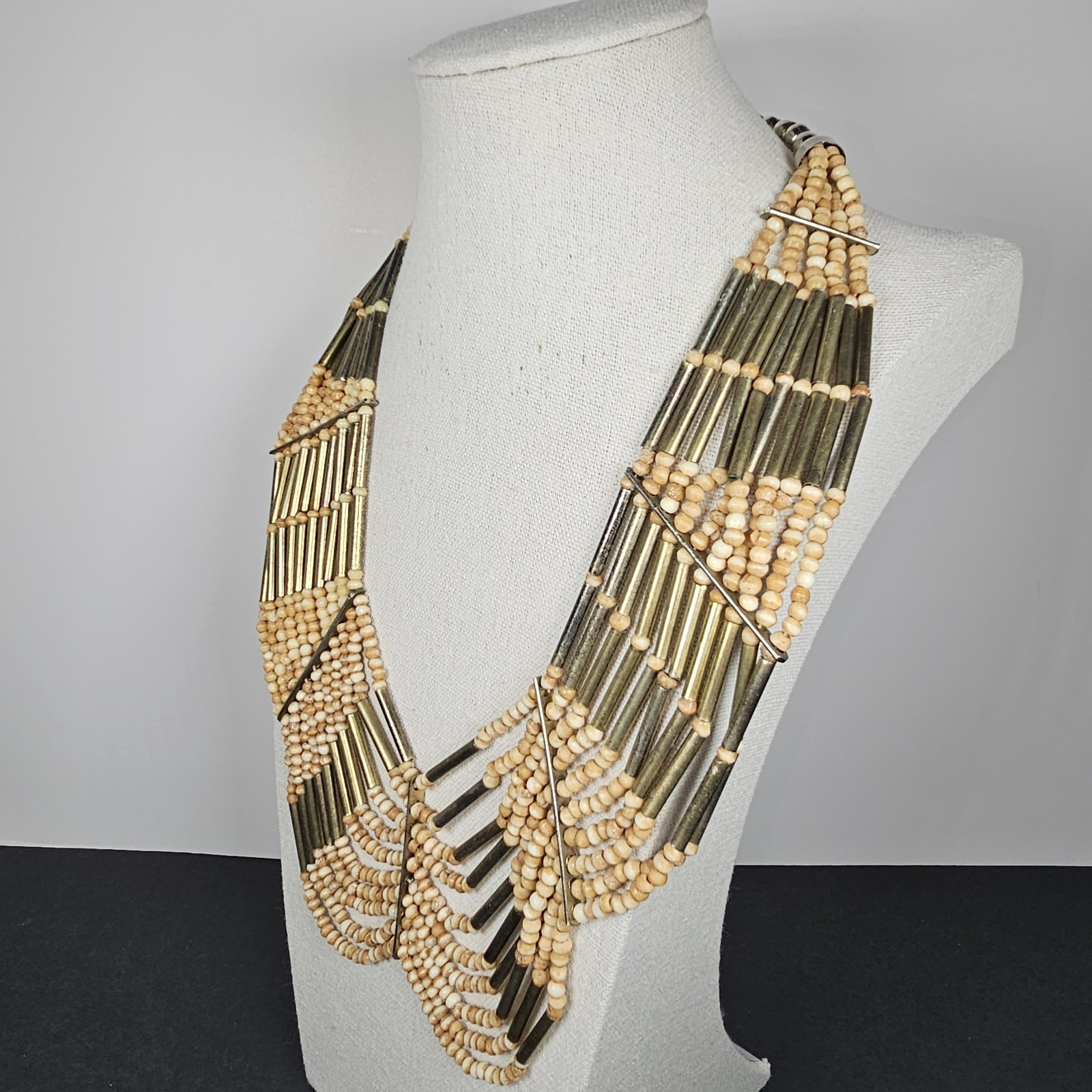 BOHO Tribal Multistrand Necklace Bead and Brass Silver Tone Chain & Clasp 21″