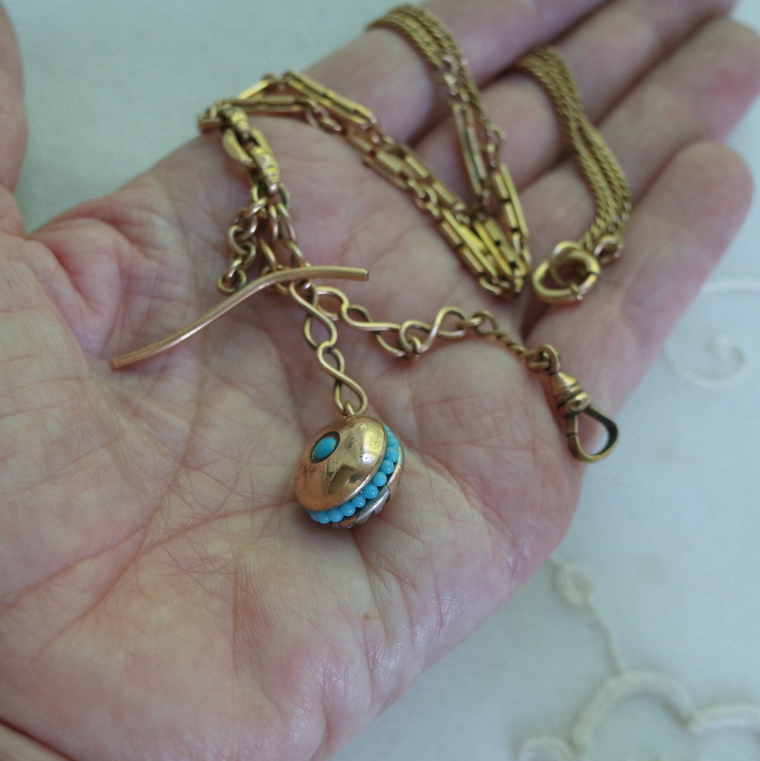 Antique Gold Filled Turquoise Watch Fob Necklace Bar & Link Chain Swivel Hook