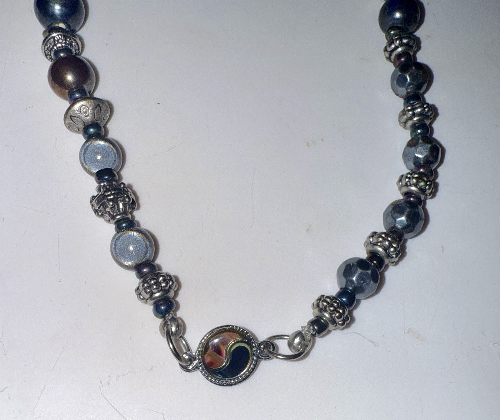 Metallic Bead Necklace Iridescent Purple, Green, White And Blue Oil Slick ~
