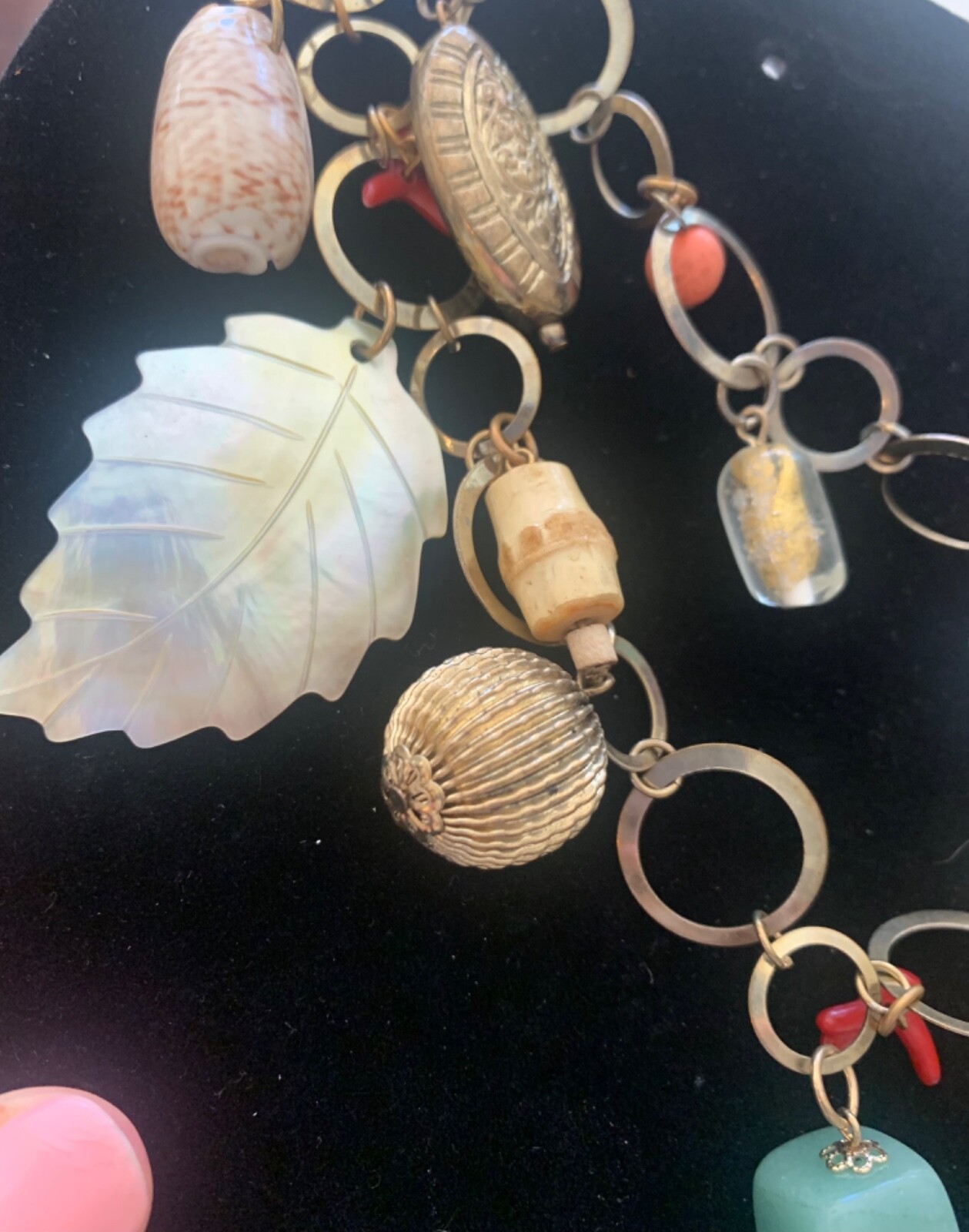 Vintage Metal Link Necklace with Glass and metal Charms stone, faux coin & shell