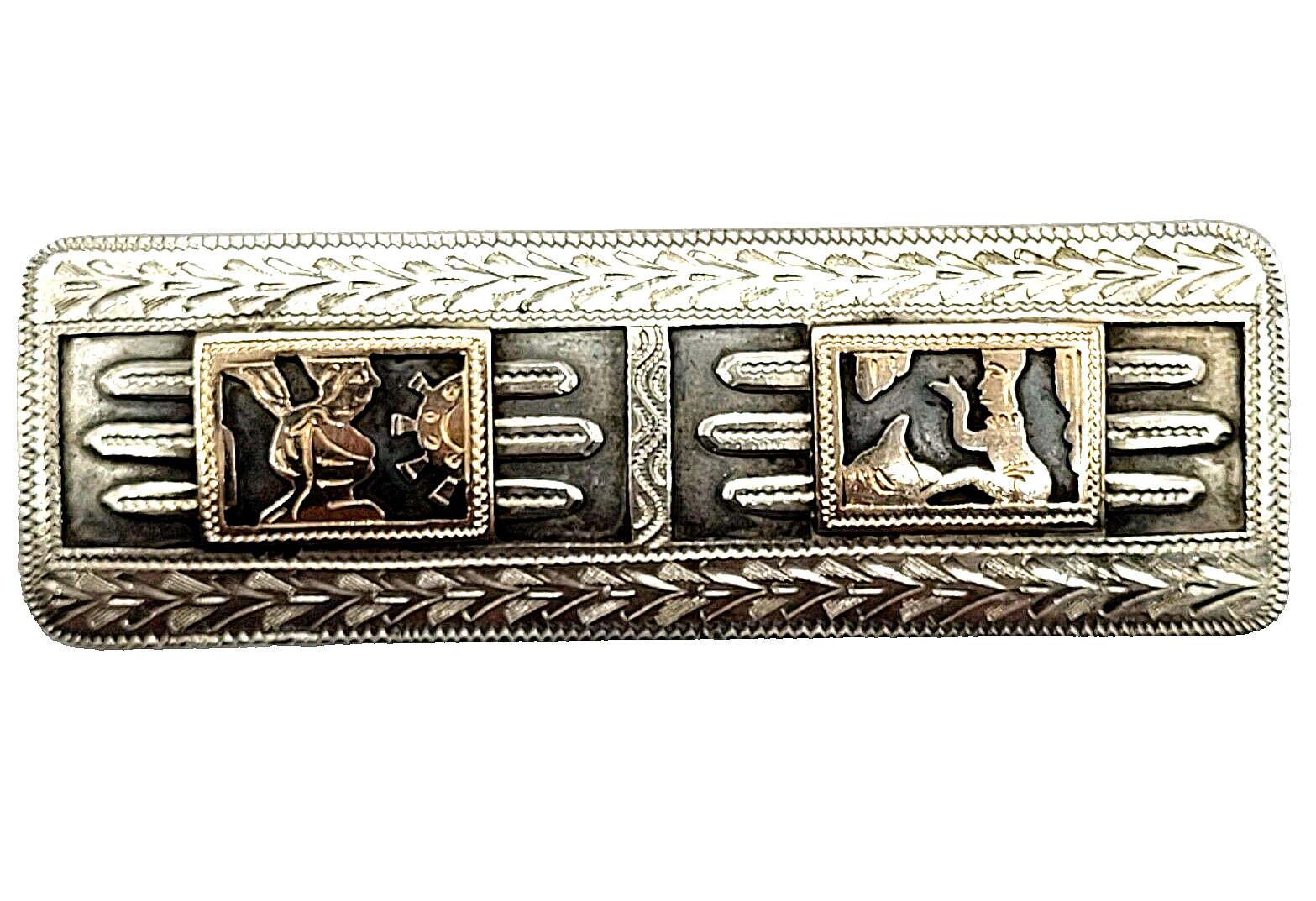 Guatemala Maya Mayan Relief Image Long Silver & Copper Tone Vintage Brooch Pin