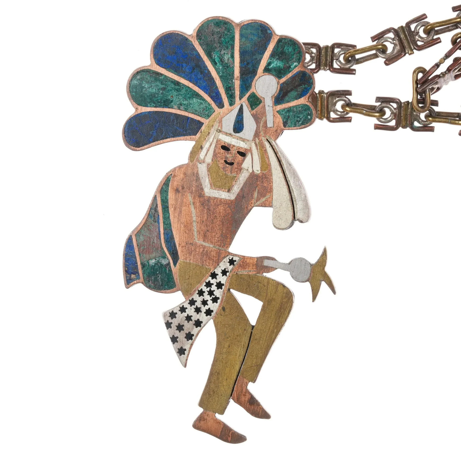 Large Los Castillo Mixed Metals Chrysocolla inlay Aztec Shaman pendant necklace