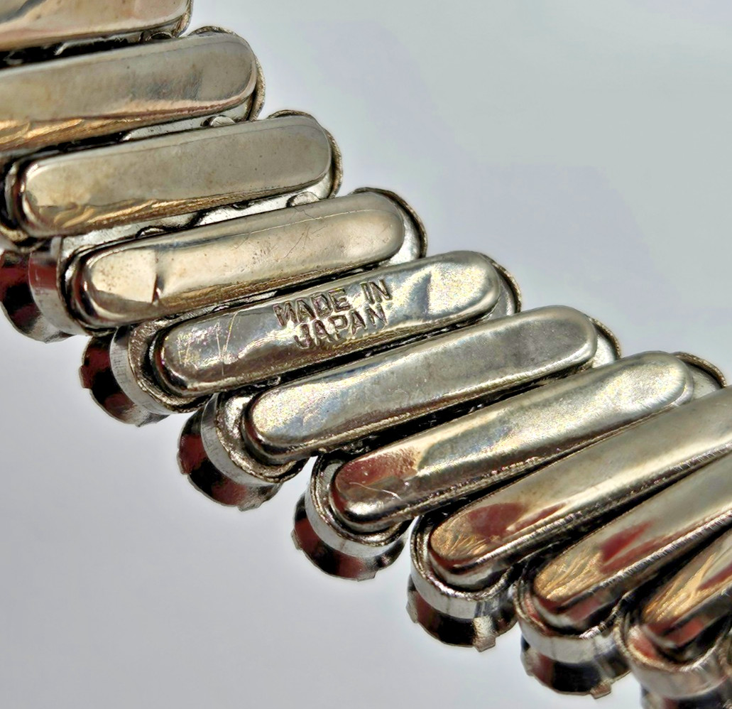 Vintage Made in Japan Rhinestone Expansion Bracelet Silver Tone