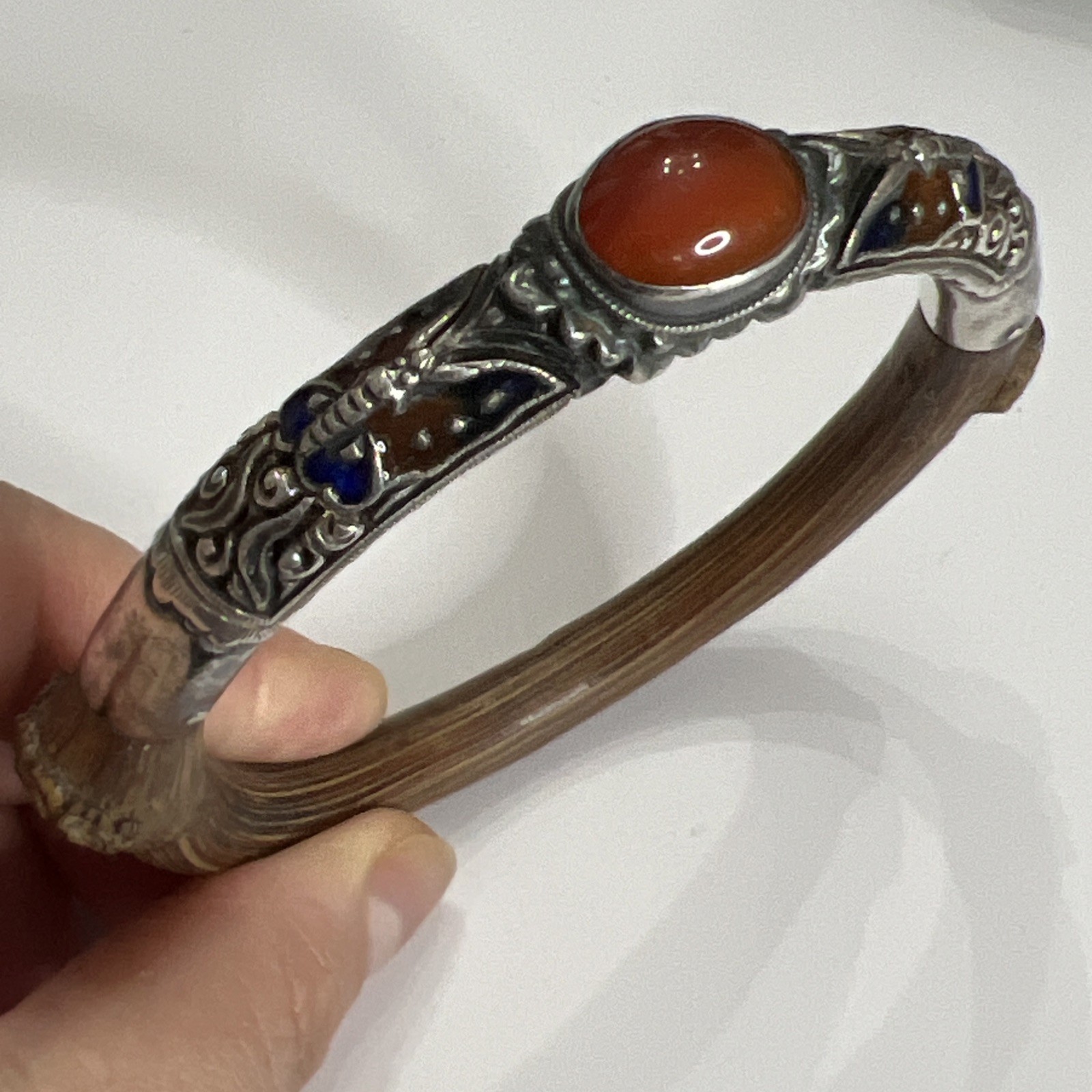Antique Chinese Sterling Butterfly Enamel Carnelian Rattan Bamboo Bangle 7.75”