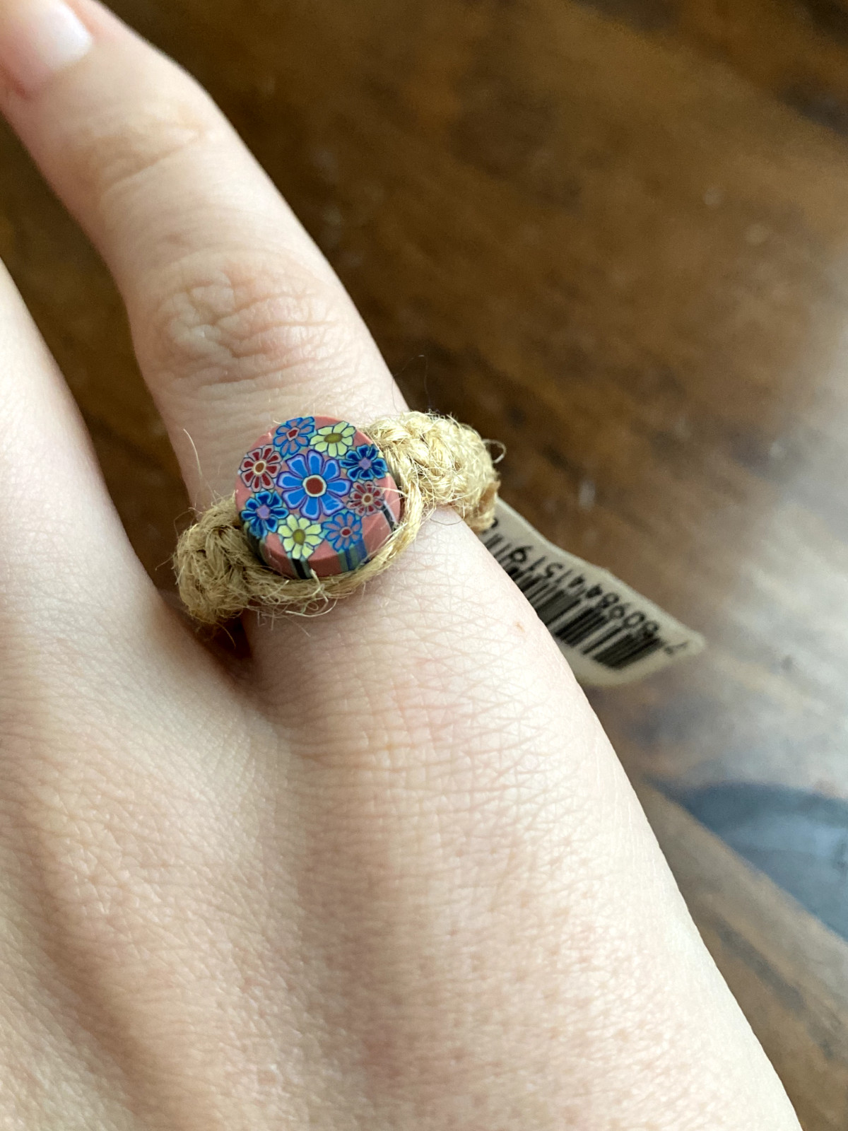 Vintage 1990s NEW Hemp Twine Psychedelic Hippy Floral Polymer Clay Ring