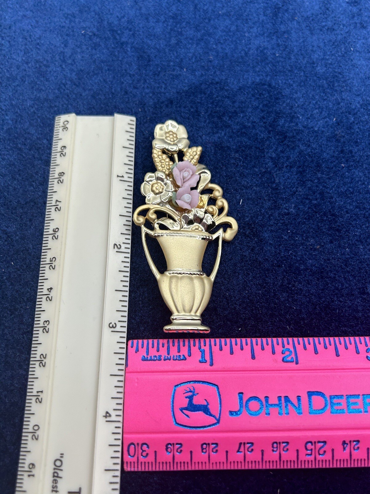 Vintage AJC Brooch Pin Floral Bouquet In Vase Porcelain Gold Tone Victorian