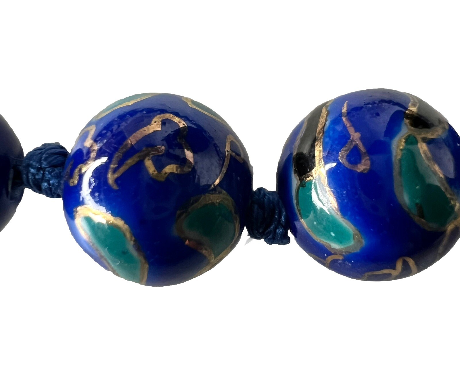 CLOISONNÉ Enamel Bead Necklace Blue Cherry Blossom Gold VTG Hand Knot 12mm 25”L