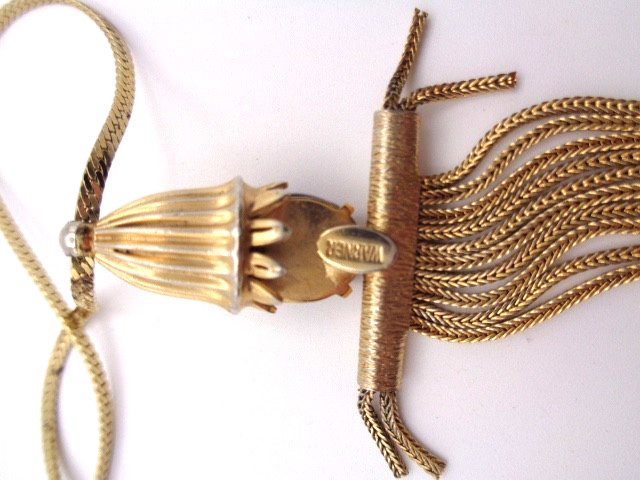 Vintage Signed WARNER Foil Art Glass Scarecrow Dangling Foxtail Pendant Necklace