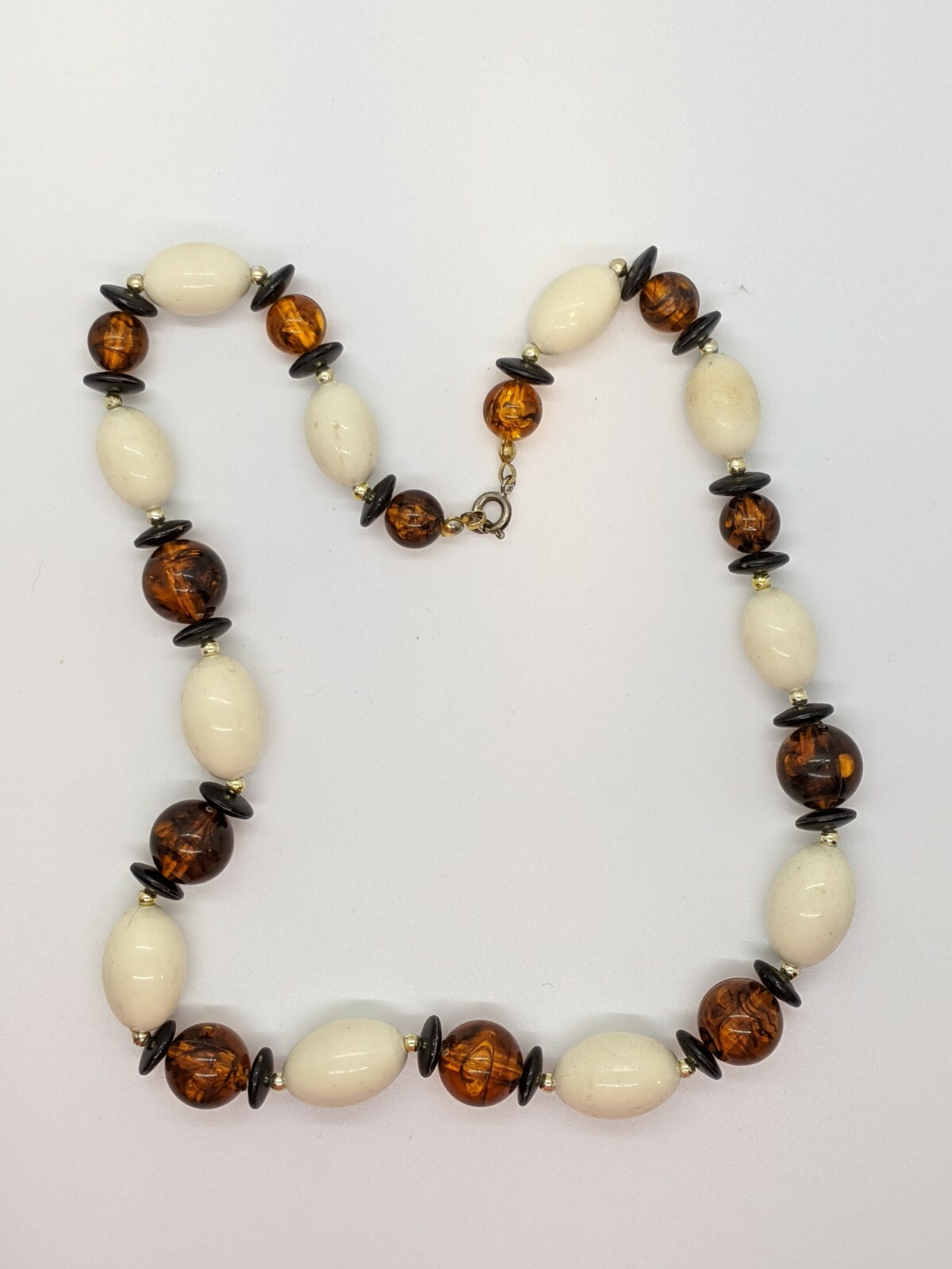 Vintage Black Cream Amber Color Acrylic Bead Necklace