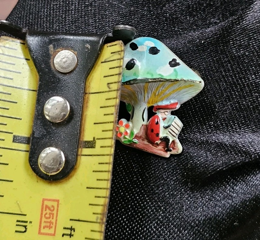 Vtg Painted Mushroom Brooch 3D Pin Man playing Accordion Signed Korea Whimsical